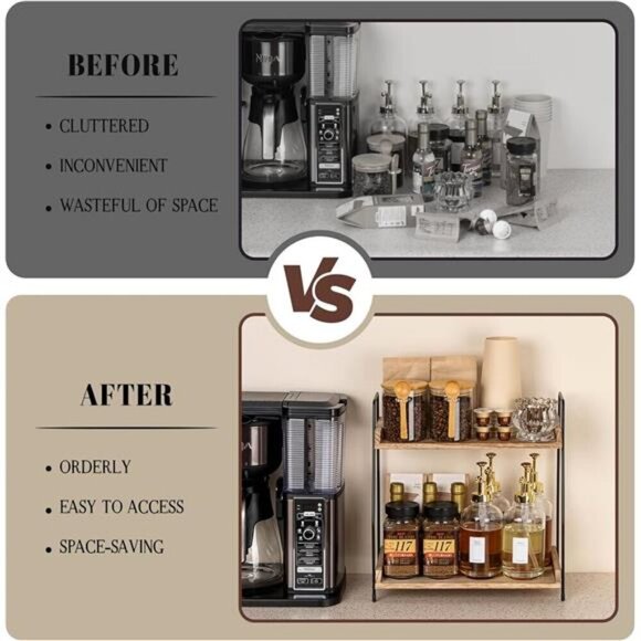 Wood Coffee Station Organizer 2 Tier Shelf Kitchen Counter Storage Home Office - Picture 4 of 7